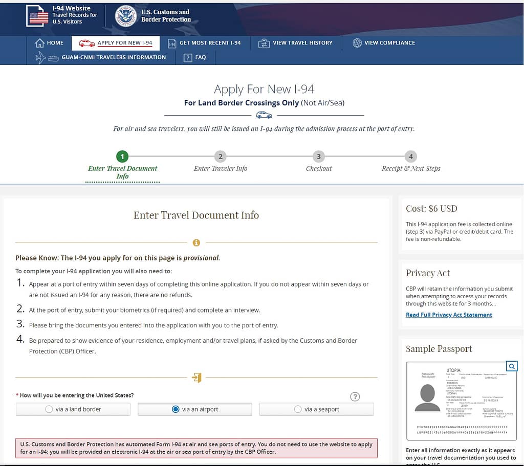 Amerika I-94 formu work and travel