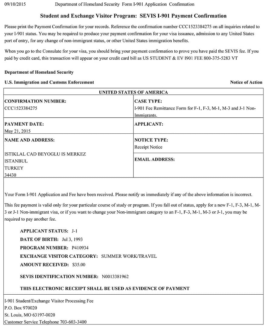 Department of Homeland Security Form I-901 Application Confirmation